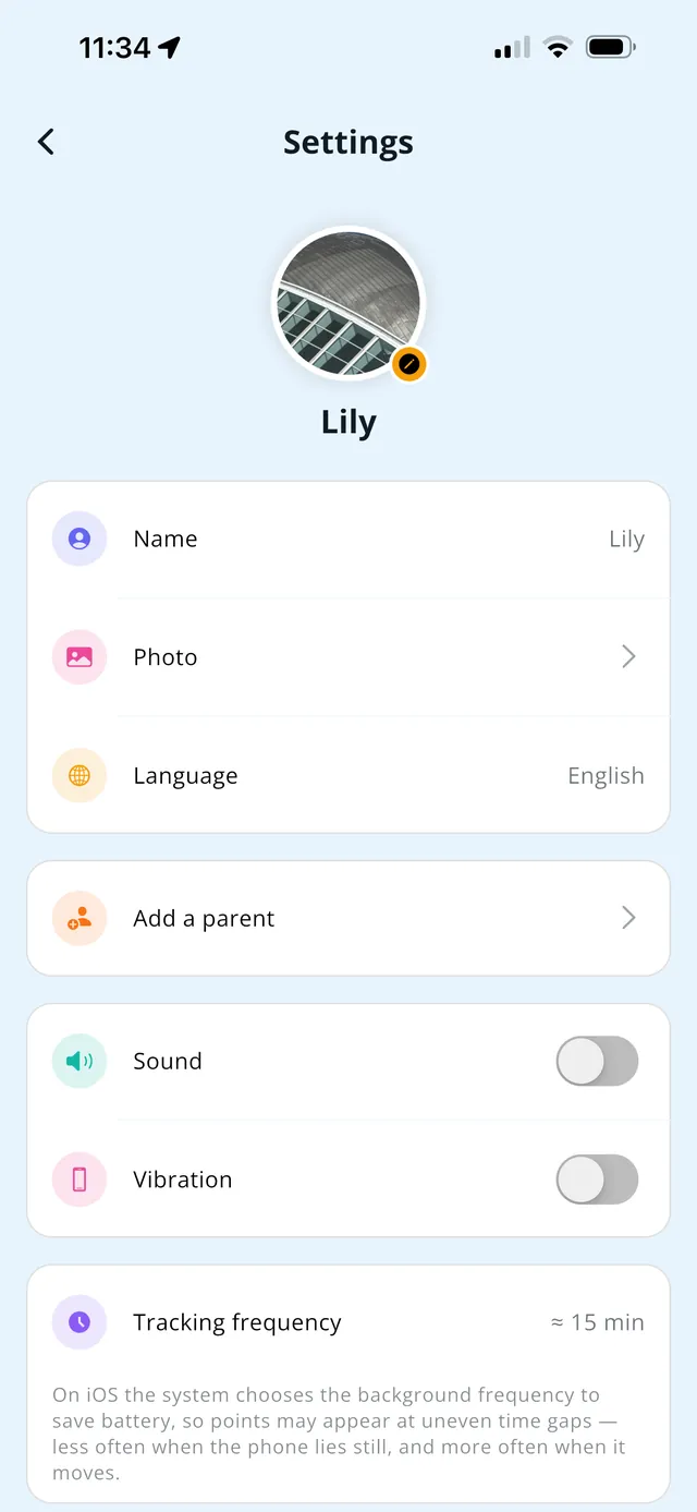 Child mode settings — name, photo, language, add a parent, sound and tracking frequency