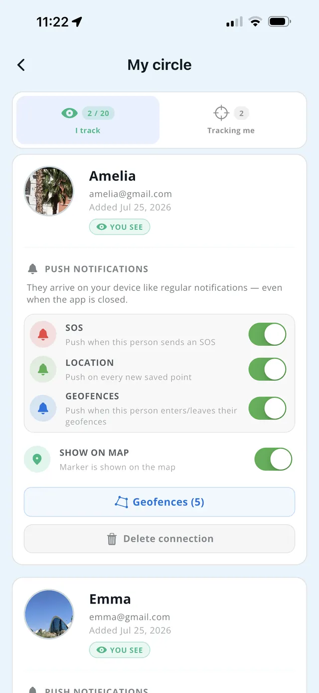 My circle screen — per-person toggles for SOS, location and geofence alerts