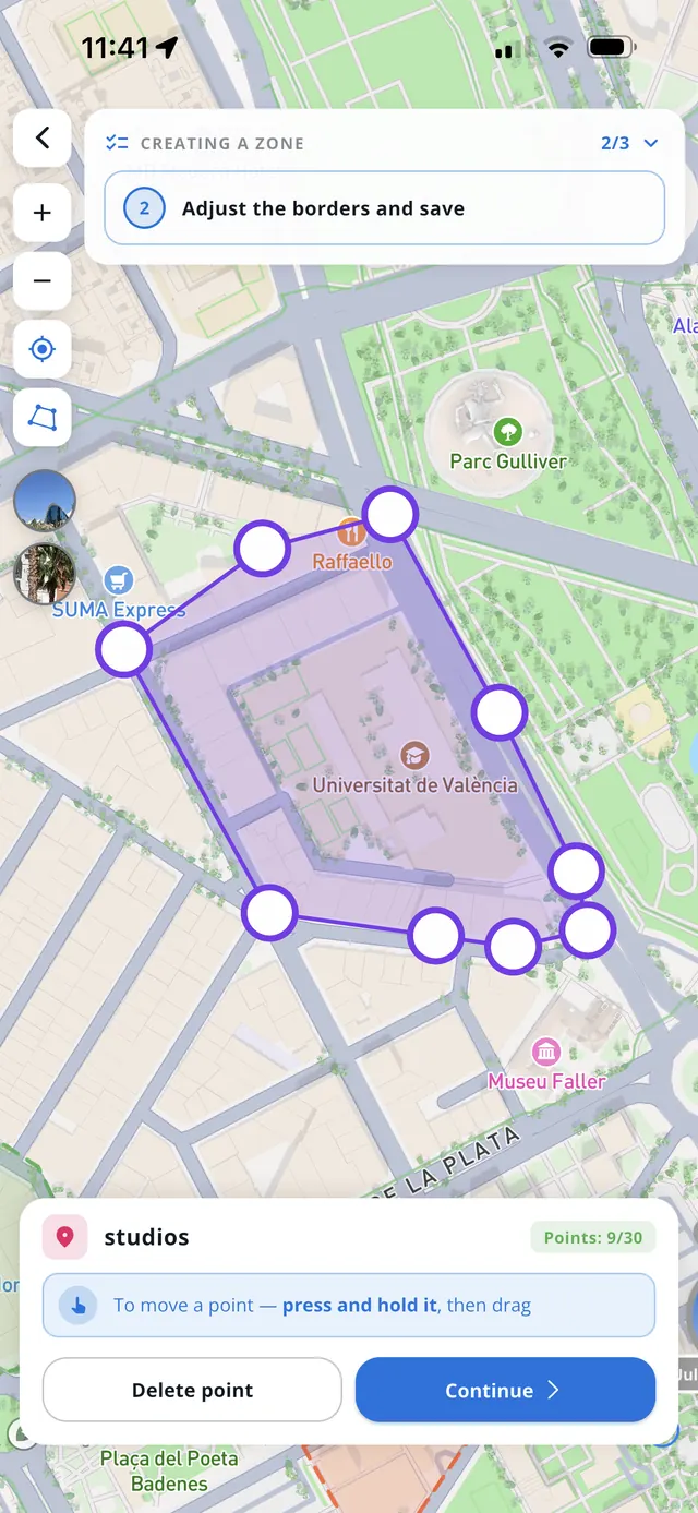 Drawing a free-form geofence zone point by point on the map