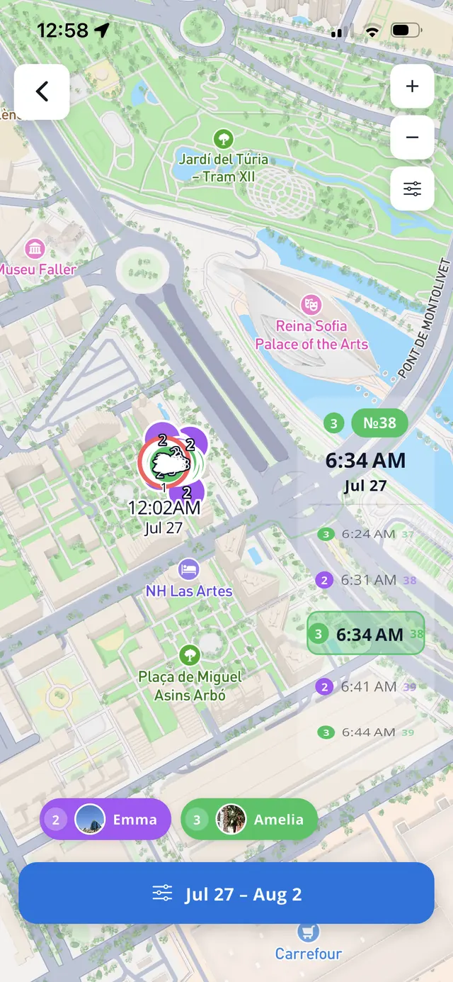 Location history on the map with timestamped points for each person