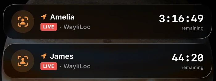 Two SOS Live Activities on the iPhone Lock Screen — each with a live badge and the time remaining