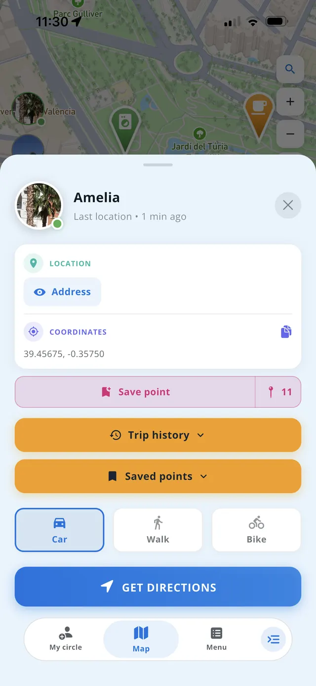 Marker sheet in the app — save the point, open trip history, saved points or get directions