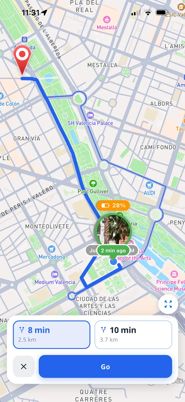 Route preview in the app — two route options with time and distance, and a Go button
