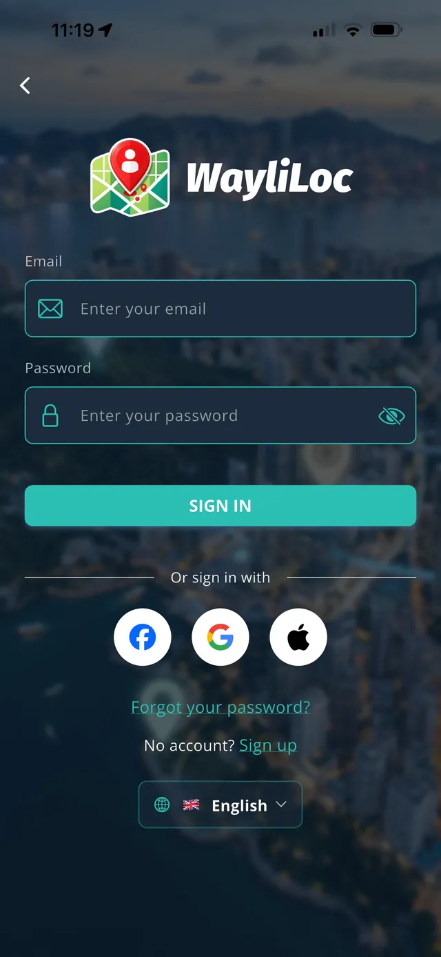 WayliLoc app on iPhone — sign in with email, Google, Facebook or Apple