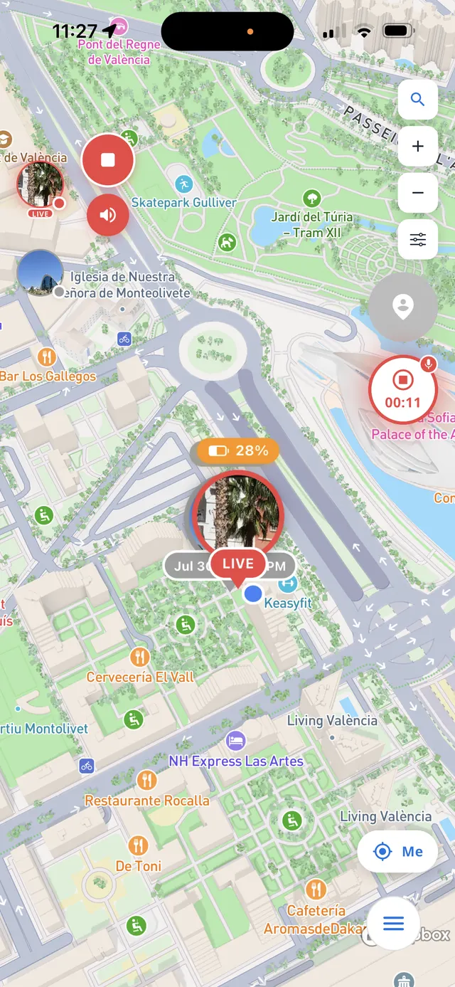 Active SOS on the map — live location, running timer and live audio controls
