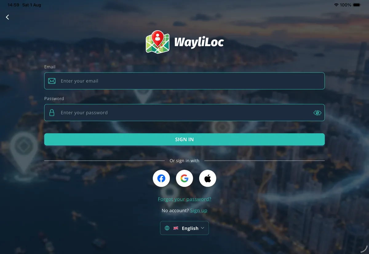 WayliLoc app on a tablet — the same sign-in screen in landscape