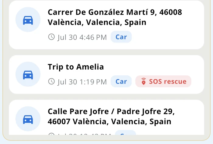 Trip history in the app — each completed trip with date, travel mode and an SOS rescue badge