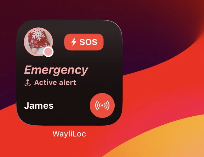 The same widget during an SOS — red emergency state with an active alert