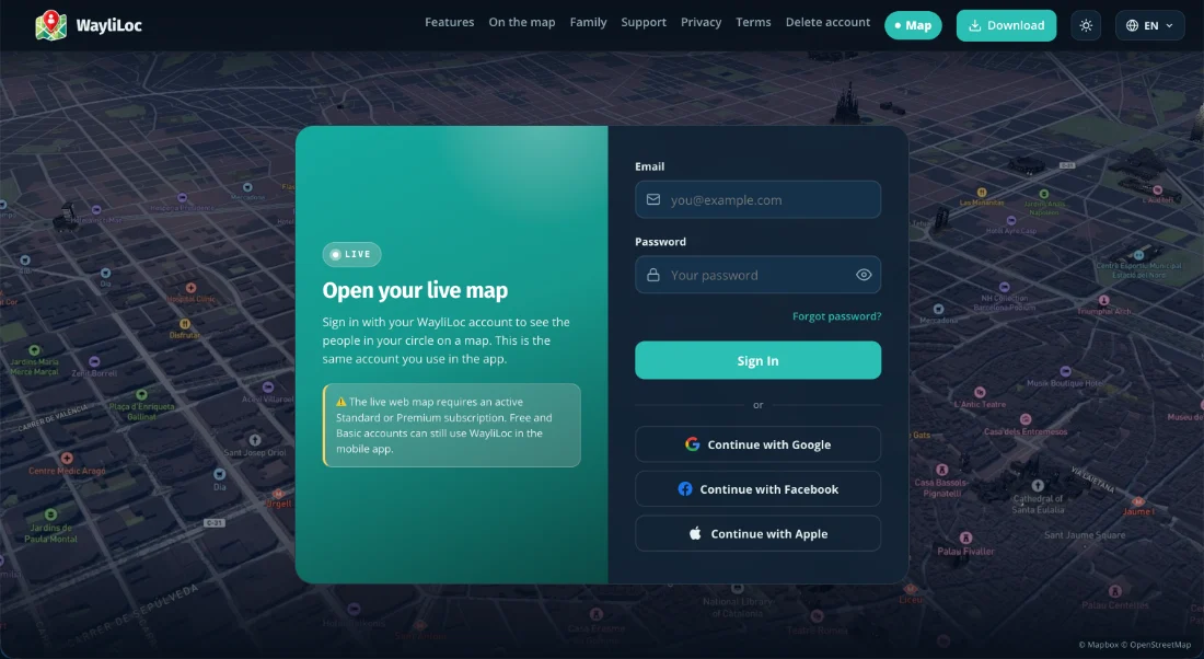 WayliLoc web map in a browser — sign in with the same account you use in the app