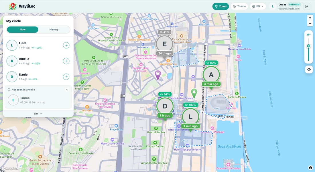 Web map with the whole circle: who is live now, battery, and who has not been seen in a while