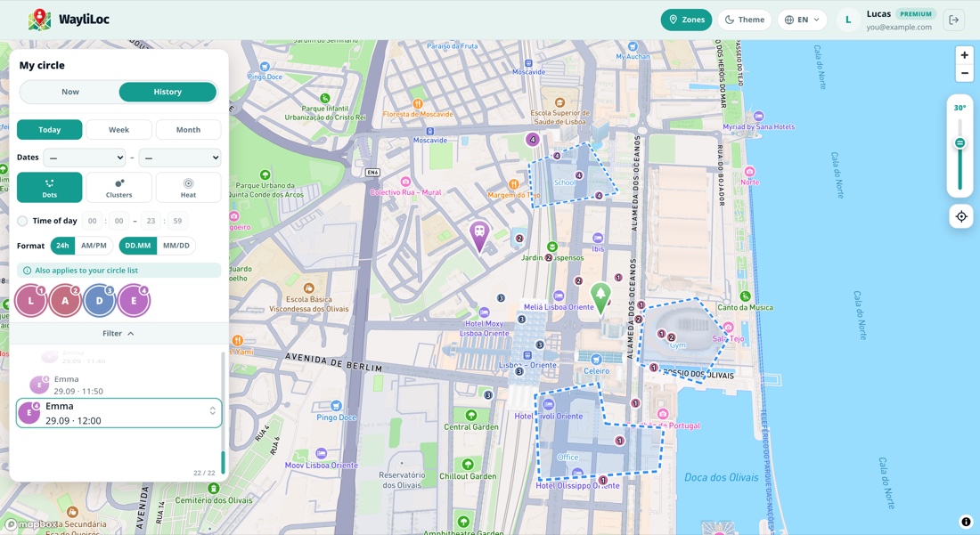 History mode on the web map: points of the day for the selected people, with dots, clusters and heatmap filters