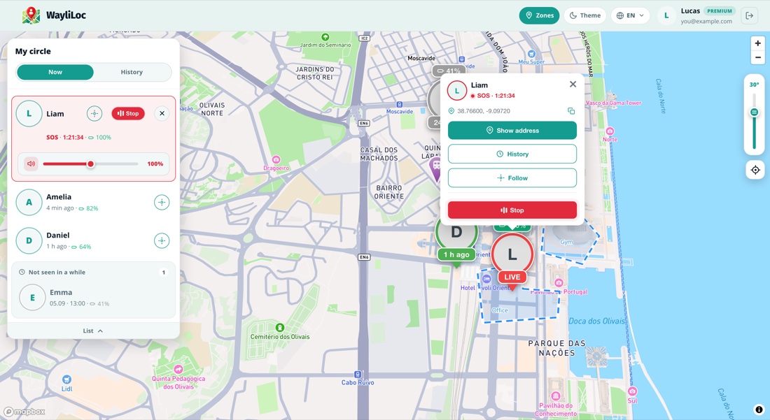 Active SOS on the web map with live audio you can listen to, with volume control